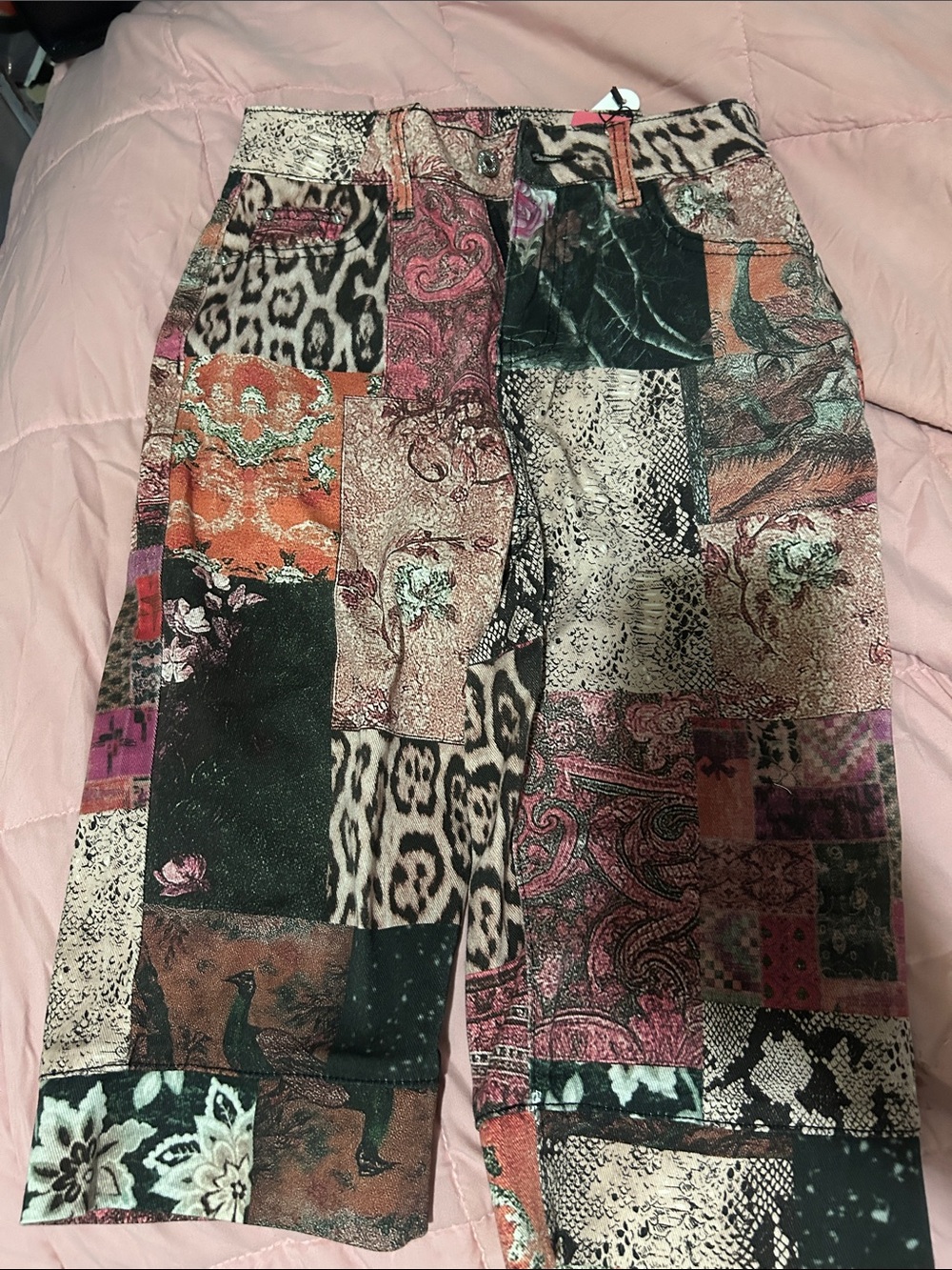SHEIN Multicolor Patchwork Ankle Jeans - Black, Pink, Orange, Green, Cream